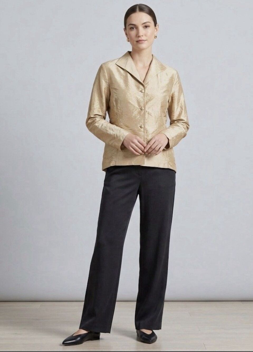 Eileen Fisher Crinkle Blouse Jacket Gold S 100% Silk Collared Neckline